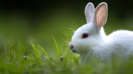 rabbit. A fluffy white rabbit rests on a spring meadow, surrounded by blurred green grass and soft natural light. wildlife magazines.