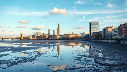 Muddy Thames foreshore, urban skyline reflection, reflection, concrete