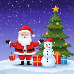 Cheerful Santa Claus with Snowman and Christmas Tree in Snowy Night