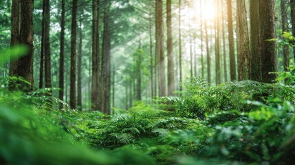 Obraz premium lush green forest with morning sunlight, clean air and nature preservation theme, minimalistic atmosphere