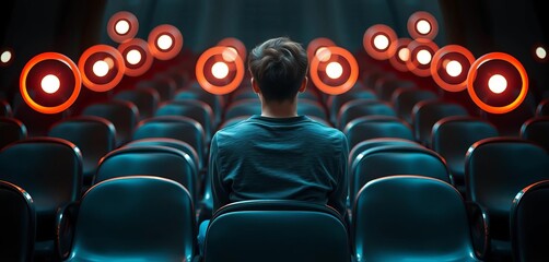 Young adult sits apart, encircled by clear circles on chairs, suggesting inner turmoil and unique perspective,  solitude,   emotional