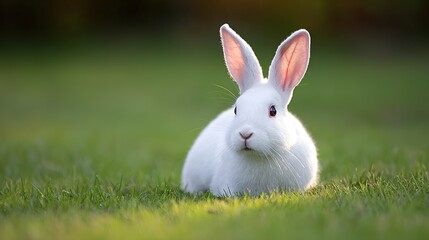Obraz premium rabbit. A fluffy white rabbit rests on a spring meadow, surrounded by blurred green grass and soft natural light. wildlife magazines.