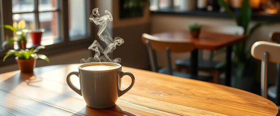 Steaming latte in a ceramic mug on a cafe table, morning light,  ceramic, latte