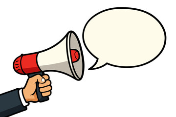 Male hand holding megaphone with speech bubble. Loudspeaker for business, marketing, advertising. Vector illustration banner for promotion, communication, upcoming events, news.