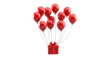 A arrangement of red balloons tied to a beautifully wrapped gift box with a bow. set against a clean. white background. symbolizing celebration and joy. perfect for festive occasions