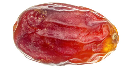 Obraz premium A close-up view of a shiny. plump date fruit its rich red tones and smooth texture. set against a clean white background. ideal for culinary or health-related content