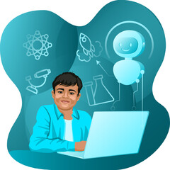Indian boy with AI tutor in digital classroom with artificial intelligence. Future smart education technology. Isolated vector illustration.