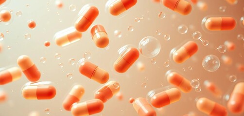 Microscopic view of floating probiotic capsules in liquid,   pharmaceutical,   microbiome health