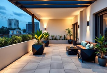Sleek modern terrace with geometric planters, minimalist furniture, and stylish lighting,  contemporary,  vibe