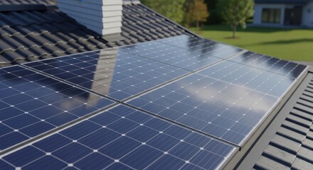 Closeup view of solar panels installed on a residential rooftop, reflecting the sky and clouds on a sunny day