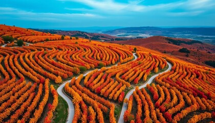 Drone view of Rioja's autumn vineyards, colorful foliage, winding paths, scenic, orange