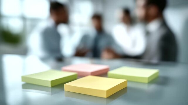 group of MBA professionals conducting SWOT analysis together colorful sticky notes faint marker squeak collaborative vibe three quarter wide angle cinematic color correction gent
