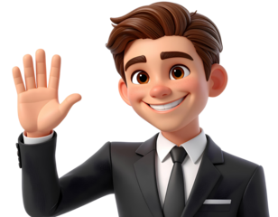 Firefly_3D cartoon businessman in black suit smiling and waving hand, friendly greeting gestu  