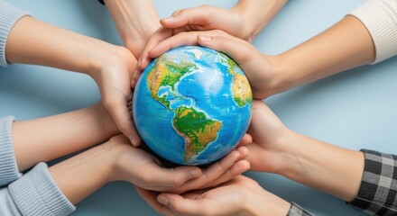 Diverse hands holding a glowing earth globe together, symbolizing unity, global cooperation, and environmental protection