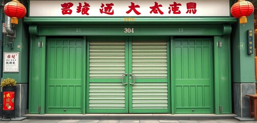 Green metal rolling gate, traditional Hong Kong shopfront, retro style, vector illustration,  metal,  rolling door