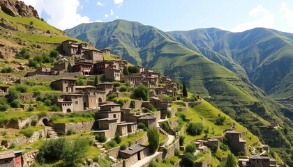 Stone houses cascade down a lush green mountainside in Masuleh, Iran,  Iran,  roofs
