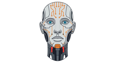 Futuristic Robot Head with Circuitry and Blue Eyes.