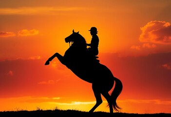 Silhouetted equestrian figure on rearing horse against vibrant sunset, stock photo, wild west