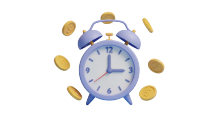 Light Purple Alarm Clock with Falling Gold Coins isolated on a transparent background time