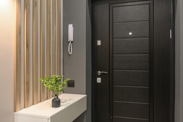 Modern entryway. Black door with wood-panel accent wall, console table with plant, and intercom. Gray walls