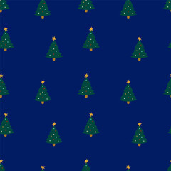 Seamless Christmas pattern with decorated Christmas trees on a dark blue background