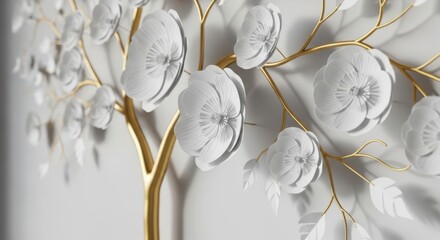Closeup of a decorative tree with white floral blossoms and golden branches, symbolizing nature and elegance