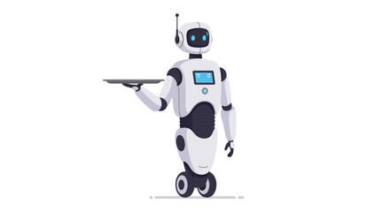 Modern White Service Robot Holding a Tray with Antenna.