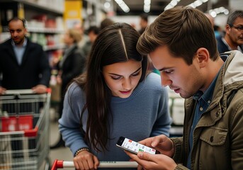 Young couple looking at smartphone in grocery store aisle, comparing prices and reading product information, creating a modern shopping experience.