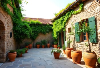 Tuscan villa patio, Pitigliano, Italy  Stone walls, terracotta pots, lush greenery,  Tuscan villa,  Mediterranean
