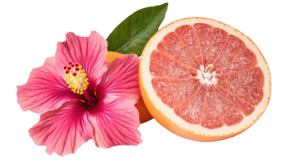 A display of a pink hibiscus flower alongside a freshly cut grapefruit. the fruits juicy interior and textured rind. perfect for culinary or wellness-themed visuals