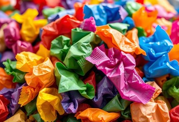 Vibrant, crumpled candy wrappers in a colorful heap, celebration, glossy