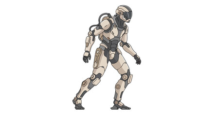 Futuristic Armored Character Walking with Helmet and Backpack.