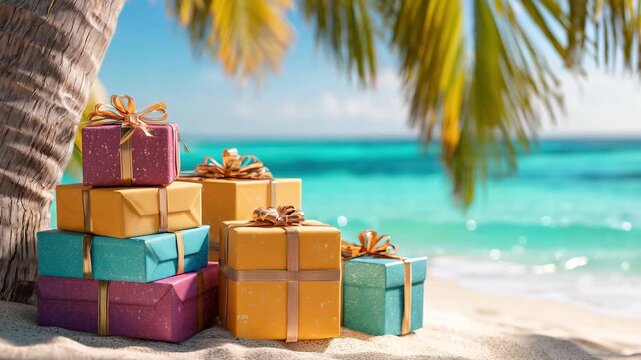 Presents boxes in bright colors are arranged on the sandy beach under palm trees with a tranquil ocean backdrop