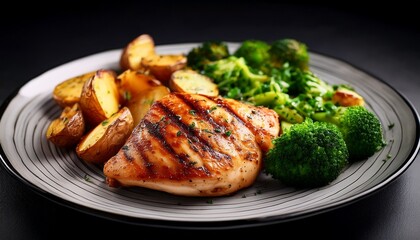 Delicious Grilled Chicken Breast With Roasted Potatoes And Green Vegetables A Healthy And Complete Meal