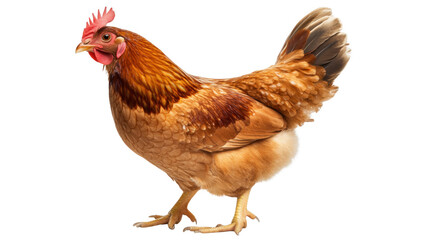 Fototapeta premium A vibrant. healthy brown hen standing proudly against a clean white background. its glossy feathers and natural posture. perfect for agricultural or farm-related themes