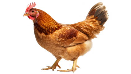 A vibrant. healthy brown hen standing proudly against a clean white background. its glossy feathers and natural posture. perfect for agricultural or farm-related themes