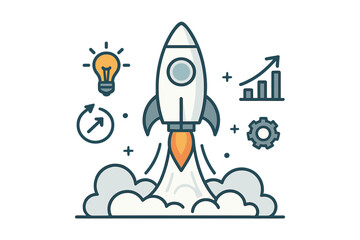 Startup business launch concept rocket ship takeoff, innovation strategy, successful startup project growth, technology boost, idea development, creative vector illustration, business success