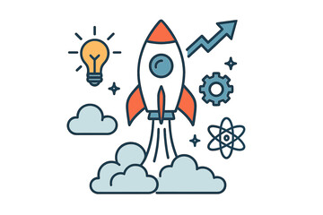 Creative vector illustration of rocket launch, startup business project success, innovation, strategy, boost technology, idea, growth, leadership, science, cloud, gears, lightbulb, upward arrow