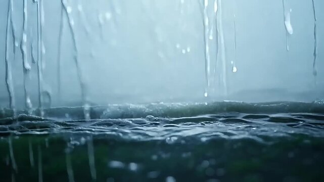 Water surface with falling raindrops creating ripples, close-up of a body of water with a soft, out-of-focus background, perfect for nature and weather themes