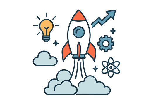 Creative vector illustration of rocket launch, startup business project success, innovation, strategy, boost technology, idea, growth, leadership, science, cloud, gears, lightbulb, upward arrow