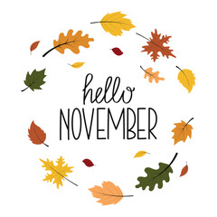 Hello November lettering. Autumn foliage background. Vector illustration for design, card, sale, background. © YevgeniyaKoln