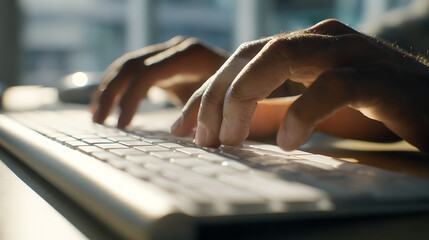 Fingers typing on a white keyboard in soft light hands computer