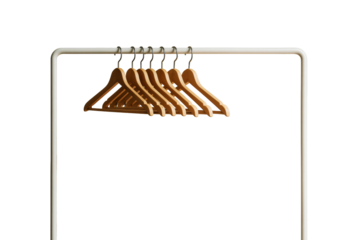 Wooden hangers on white rack, isolated style, clean white background, concept of closet organization and lifestyle element. Ai generative