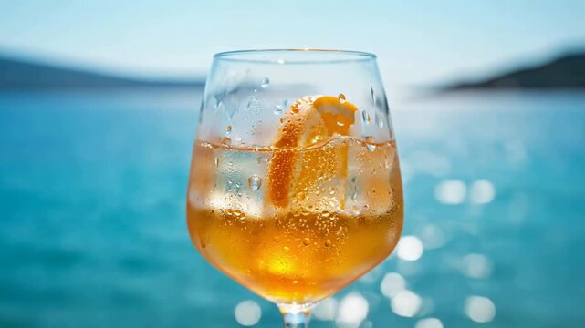 Close up of a spritz aperol with an orange slice by the ocean