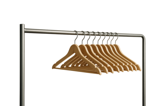Wooden hangers neatly aligned on a steel clothing rack, isolated style on clean white background. Concept of wardrobe layout and lifestyle. Ai generative