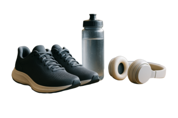 Black running shoes, clear water bottle, and beige headphones isolated on white background, clean closeup layout for fitness lifestyle concept. Ai generative