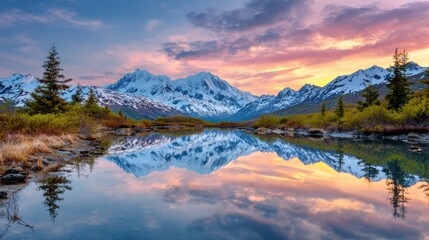 Majestic Alaska mountain range with snow capped peaks reflecting in a crystal clear lake, dramatic sunrise sky