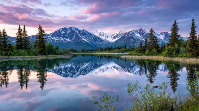 Majestic Alaska mountain range with snow capped peaks reflecting in a crystal clear lake, dramatic sunrise sky