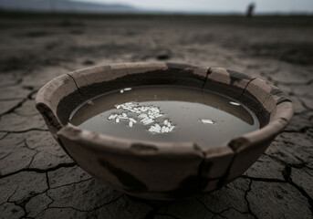 A cracked clay bowl holding murky water with white grains, resting on parched, cracked earth under a desolate sky, symbolizing drought and scarcity.