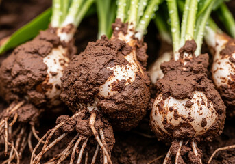 Close-up of bulbs covered in soil with roots and green shoots.
